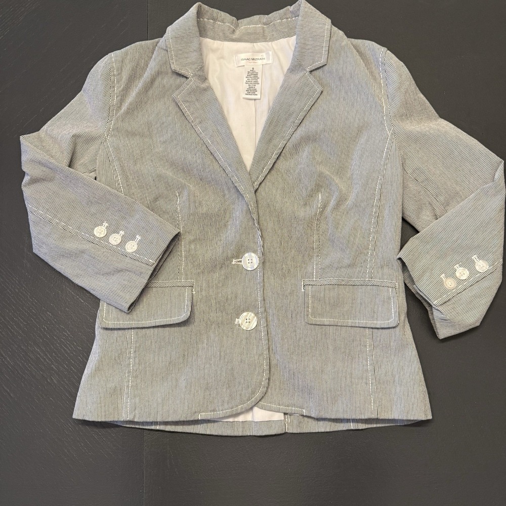Womens Business Office Pinstripe‎ Blazer Jacket Isaac Mizrahi Grey S 3/4 Sleeve